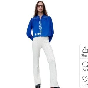 Zara Embroidered Cotton Floral Blouse Blue and White Cotton, M